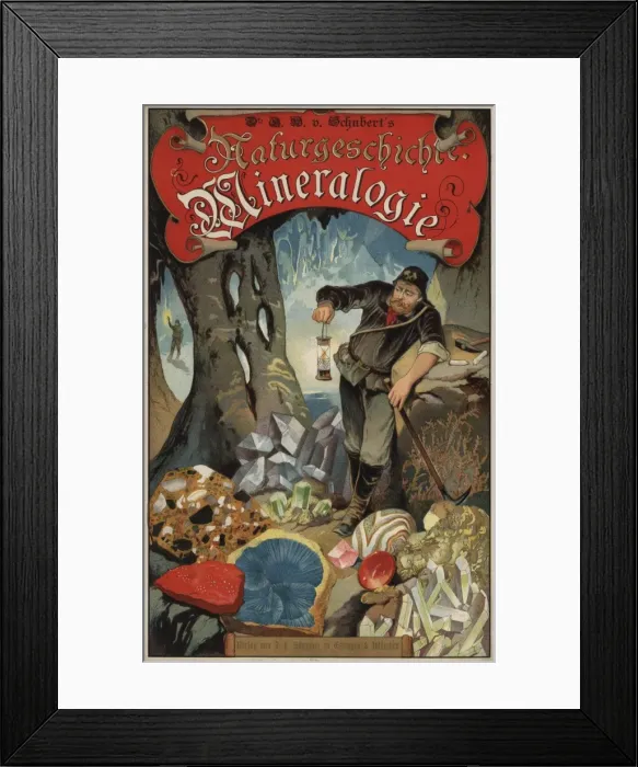 Framed Print : Title page with vignette of miner with lantern in a cave Framed Print : Title page with vignette of miner with lantern in a cave