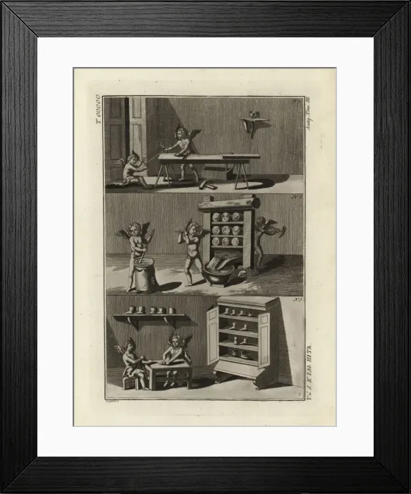 Framed Print : Roman cupids working as carpenters, pressers and cobblers Framed Print : Roman cupids working as carpenters, pressers and cobblers