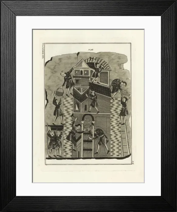 Framed Print : Anglo Saxon builders working on a house Framed Print : Anglo Saxon builders working on a house