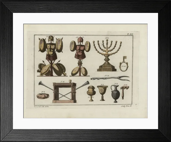 Framed Print : Hebrew helmets, chandelier, table, bread, household items Framed Print : Hebrew helmets, chandelier, table, bread, household items