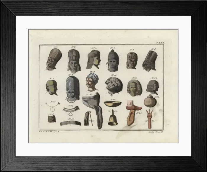 Framed Print : Indian hats, headdresses, hairstyles, necklaces Framed Print : Indian hats, headdresses, hairstyles, necklaces