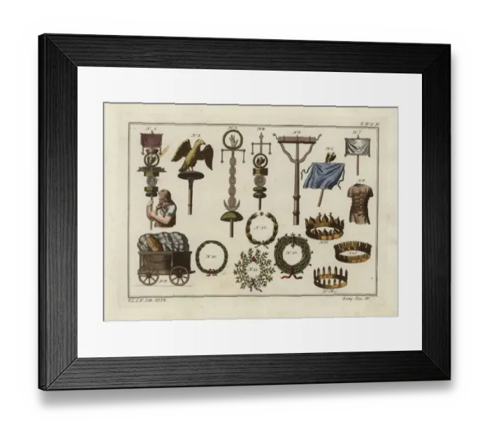 Framed Print : Roman ensigns, baggage chariot and crowns Framed Print : Roman ensigns, baggage chariot and crowns