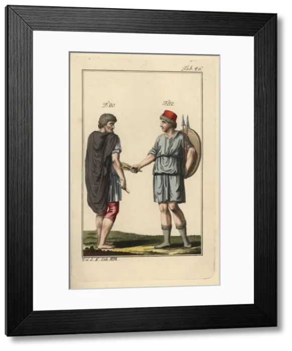 Framed Print : Spaniard and Spanish woman with shield and spears Framed Print : Spaniard and Spanish woman with shield and spears
