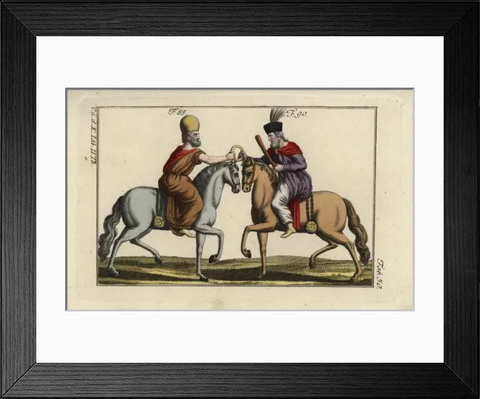 Framed Print : Two Persians on horseback clutching a brass Framed Print : Two Persians on horseback clutching a brass