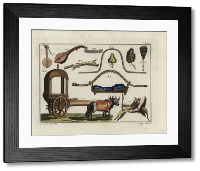 Framed Print : Indian cart, palanquin, musical instrument, books, fans, etc Framed Print : Indian cart, palanquin, musical instrument, books, fans, etc