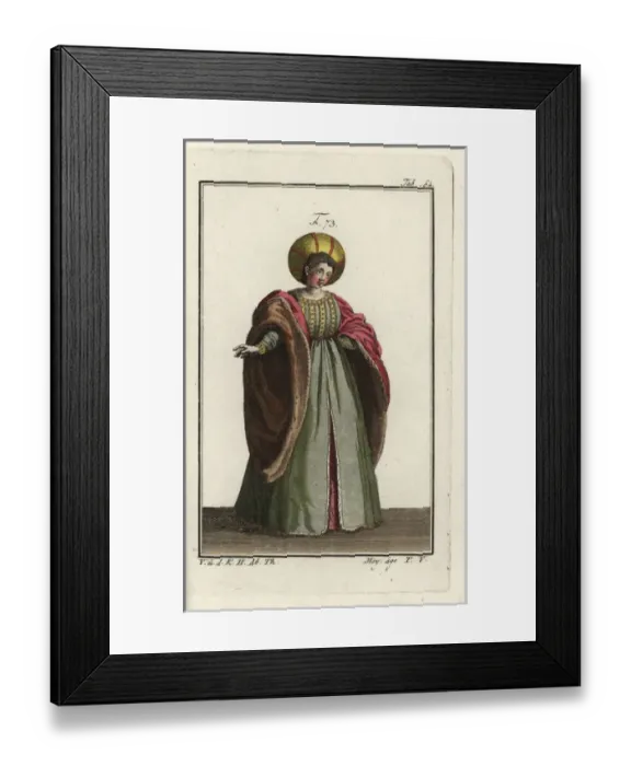 Framed Print : Italian noblewoman in courtly dress with fur-lined Framed Print : Italian noblewoman in courtly dress with fur-lined