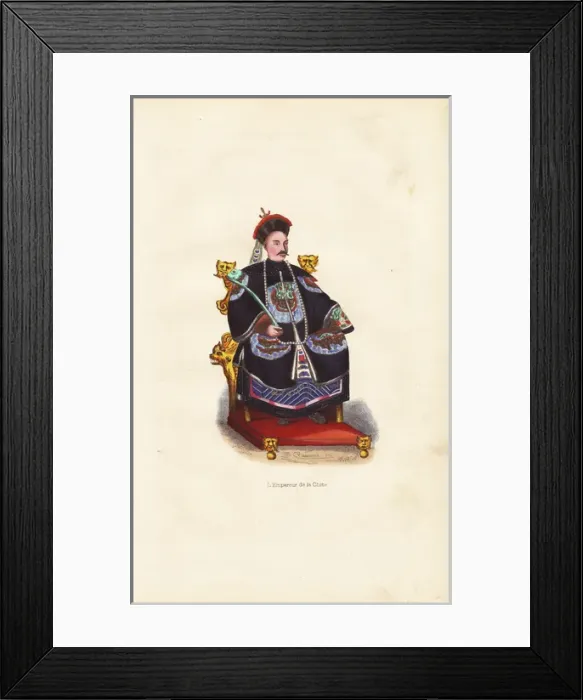 Framed Print : Emperor of China in embroidered robes seated on his throne