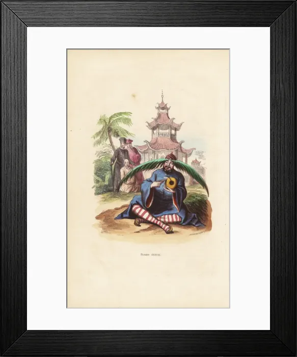 Framed Print : Chinese monk with palm leaf hat sitting in Framed Print : Chinese monk with palm leaf hat sitting in