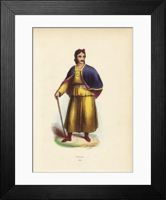 Framed Print : Tibetan man in robes and short cape, carrying a stick Framed Print : Tibetan man in robes and short cape, carrying a stick