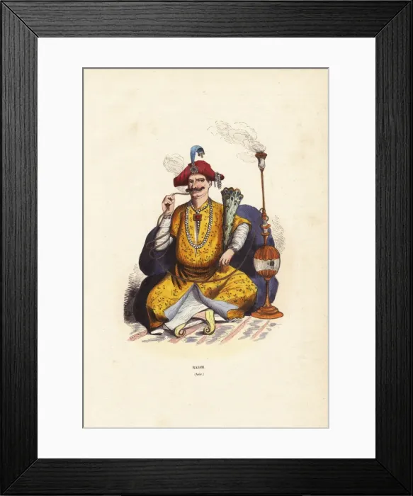 Framed Print : Indian rajah in bejeweled robes and hat, smoking Framed Print : Indian rajah in bejeweled robes and hat, smoking