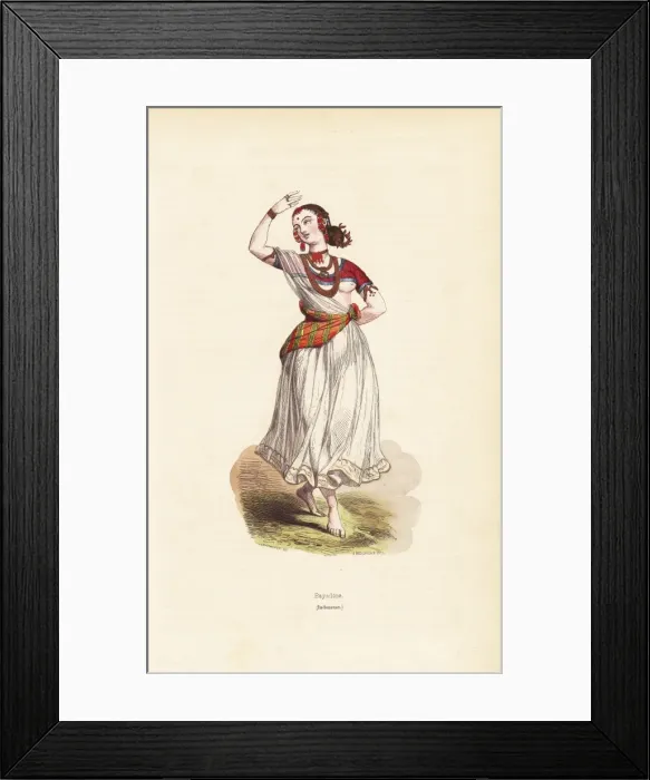 Framed Print : Indian dancing girl in beaded headdress, bodice Framed Print : Indian dancing girl in beaded headdress, bodice