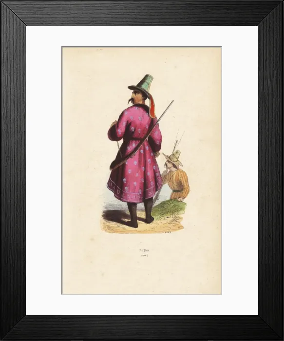 Framed Print : Kyrgyz man in tall hat, coat over boots, carrying a musket Framed Print : Kyrgyz man in tall hat, coat over boots, carrying a musket
