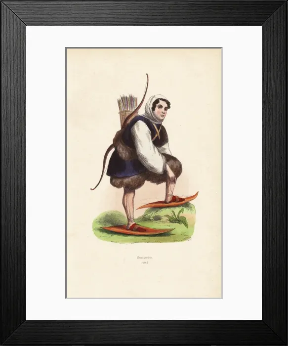 Framed Print : Nenets man wearing fur clothes, shirt with hood, snow shoes