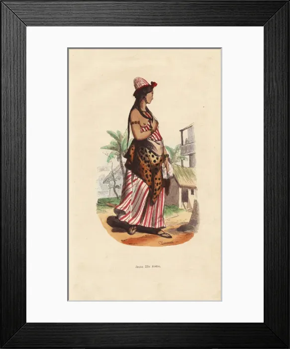 Framed Print : Arabian girl in hat, striped dress, animal Framed Print : Arabian girl in hat, striped dress, animal