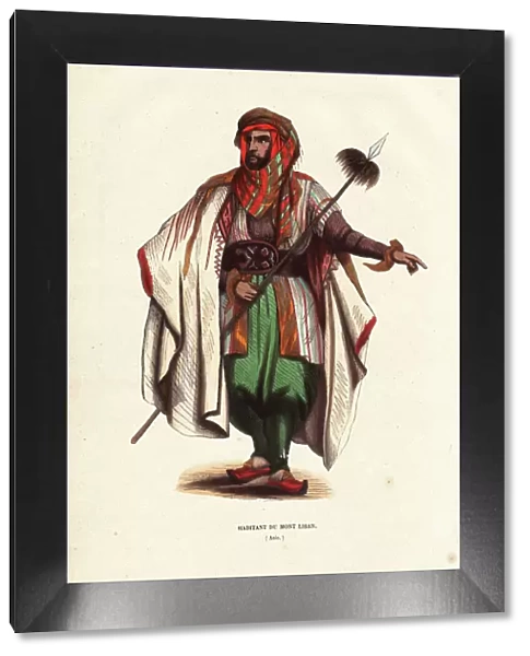 Mount Lebanese man wearing turban, cloak, carrying a spear