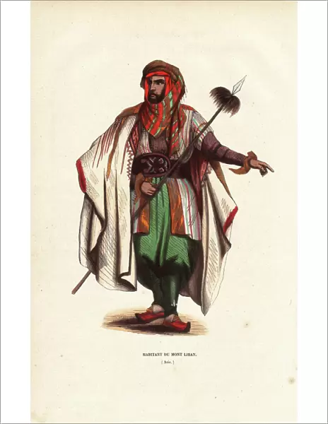 Mount Lebanese man wearing turban, cloak, carrying a spear