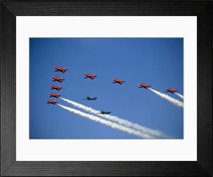 Framed Print : BAe Systems Hawks RAF Red Arrows flypast with Spitfires Framed Print : BAe Systems Hawks RAF Red Arrows flypast with Spitfires