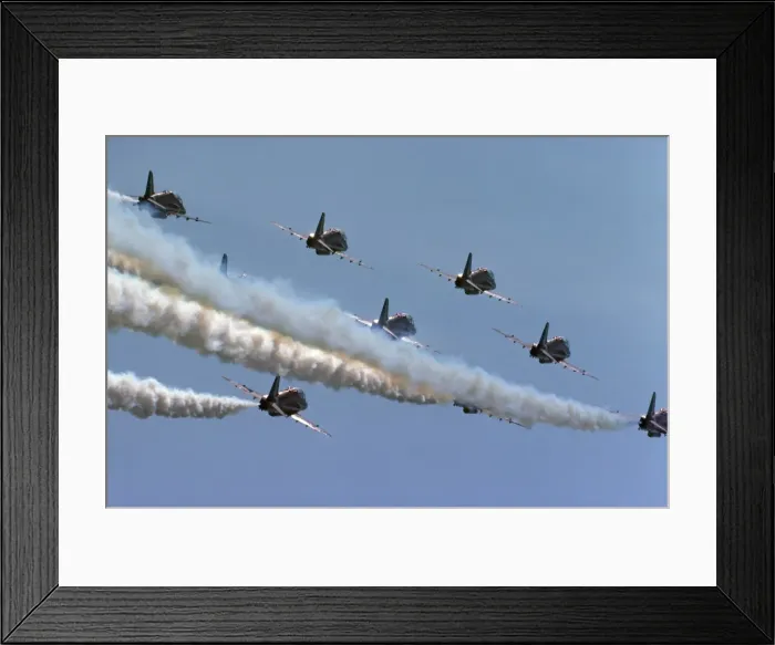 Framed Print : BAe Systems Hawks RAF Red Arrows formation smoke Cosford