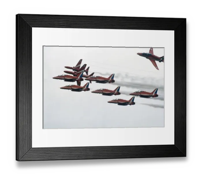 Framed Print : BAe Systems Hawks RAF Red Arrows run and break Framed Print : BAe Systems Hawks RAF Red Arrows run and break