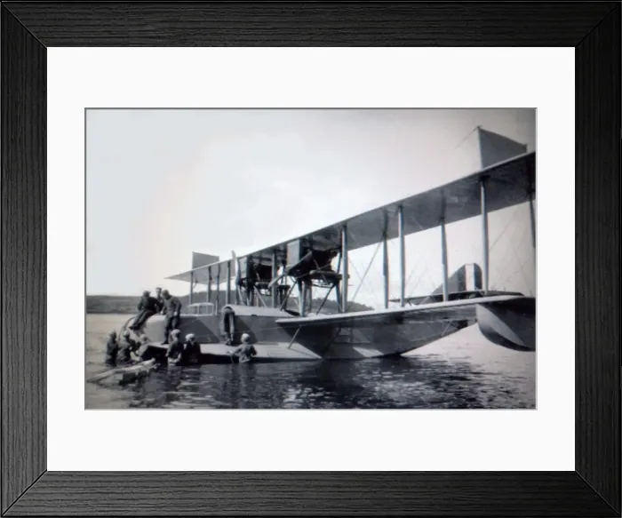 Framed Print : Curtiss H-16 (forward view) at mooring with crewmen Framed Print : Curtiss H-16 (forward view) at mooring with crewmen