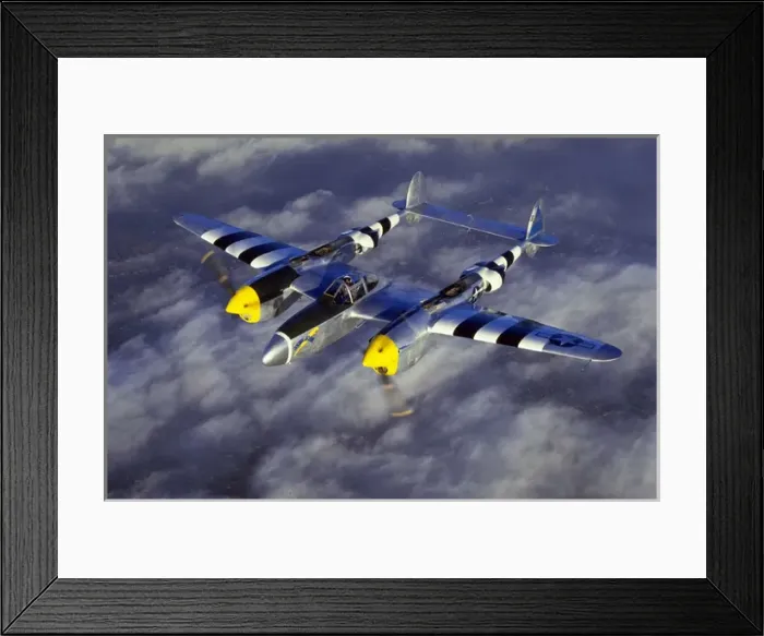 Framed Print : Lockheed P-38J Lightning -in D-Day stripes to help dist Framed Print : Lockheed P-38J Lightning -in D-Day stripes to help dist