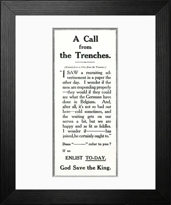 Framed Print : WW1 - Recruitment Advertisement Framed Print : WW1 - Recruitment Advertisement