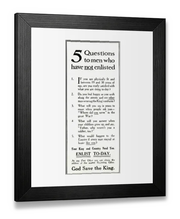 Framed Print : WW1 - Recruitment Advertisement Framed Print : WW1 - Recruitment Advertisement