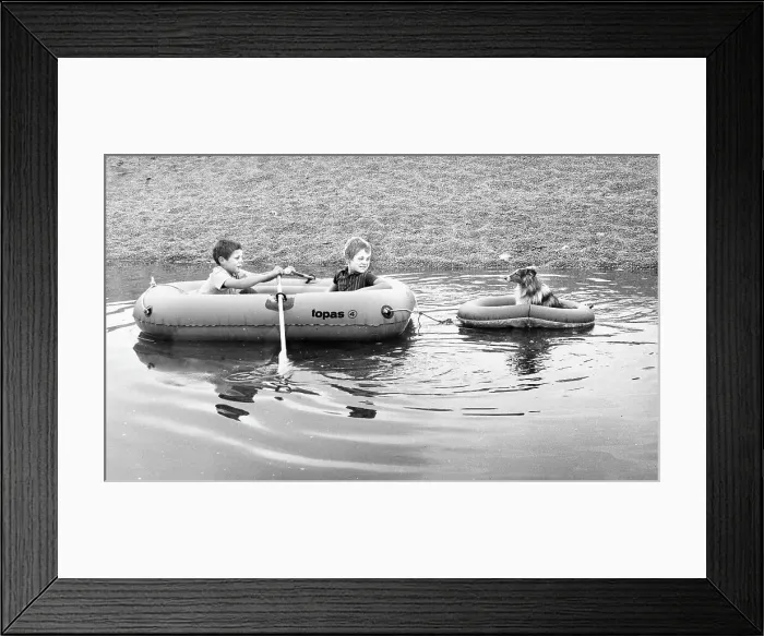 Framed Print : Two boys and a dog in rubber dinghies Framed Print : Two boys and a dog in rubber dinghies
