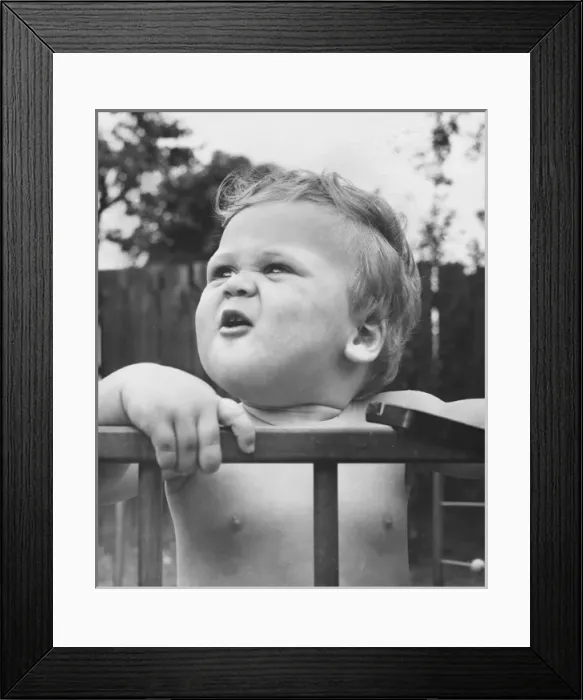 Framed Print : Toddler in a playpen in a garden Framed Print : Toddler in a playpen in a garden