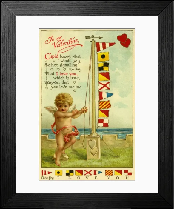 Framed Print : Semaphore. Edwardian Valentine card depicting a cherub sending the message Framed Print : Semaphore. Edwardian Valentine card depicting a cherub sending the message