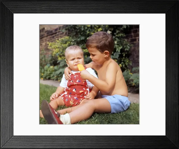 Framed Print : Little boy and baby in garden with ice lolly Framed Print : Little boy and baby in garden with ice lolly