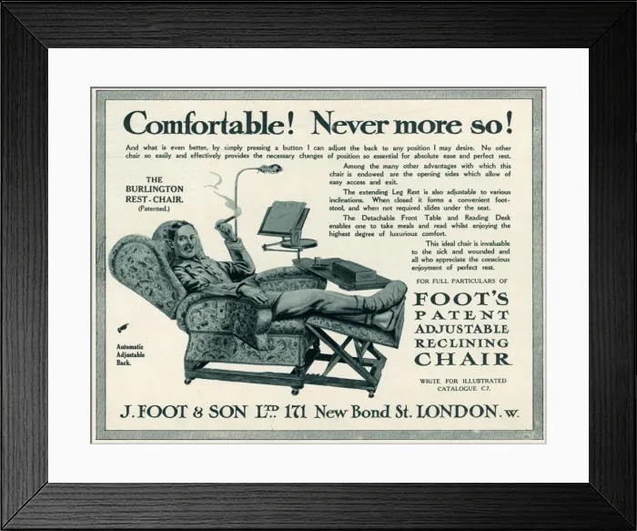 Framed Print : Advert fo J. Foot & Son, convalescing in comfort 1915 Framed Print : Advert fo J. Foot & Son, convalescing in comfort 1915