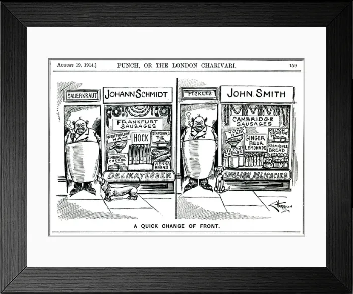 Framed Print : WW1 - Cartoon - German tradesman in England adapts to war Framed Print : WW1 - Cartoon - German tradesman in England adapts to war