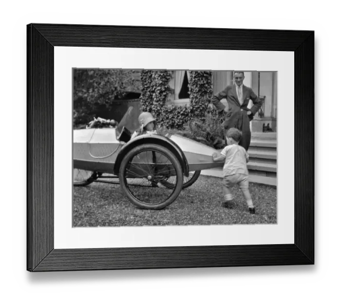 Framed Print : Man and two children with motorbike and sidecar Framed Print : Man and two children with motorbike and sidecar