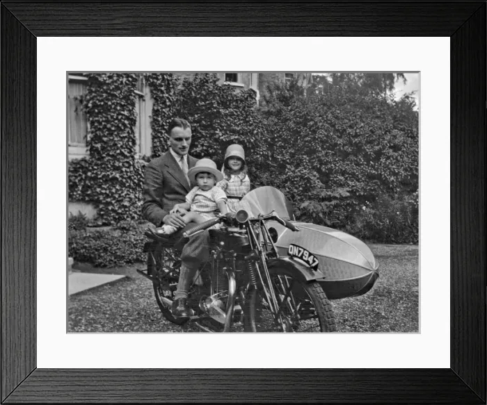Framed Print : Man and two children with motorbike and sidecar Framed Print : Man and two children with motorbike and sidecar