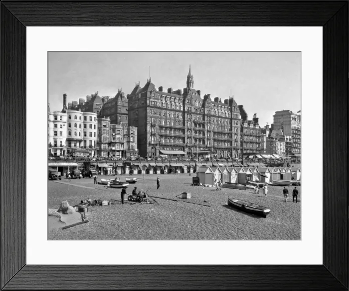 Framed Print : Seaside resort with hotels, boats and beach huts Framed Print : Seaside resort with hotels, boats and beach huts