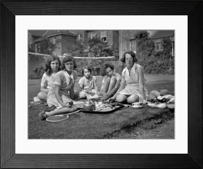 Framed Print : Five girls with tea tray in a garden Framed Print : Five girls with tea tray in a garden