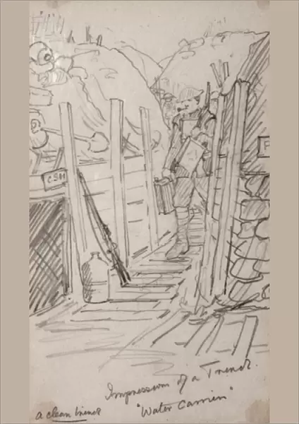 WW1 drawing, soldier carrying water in a trench