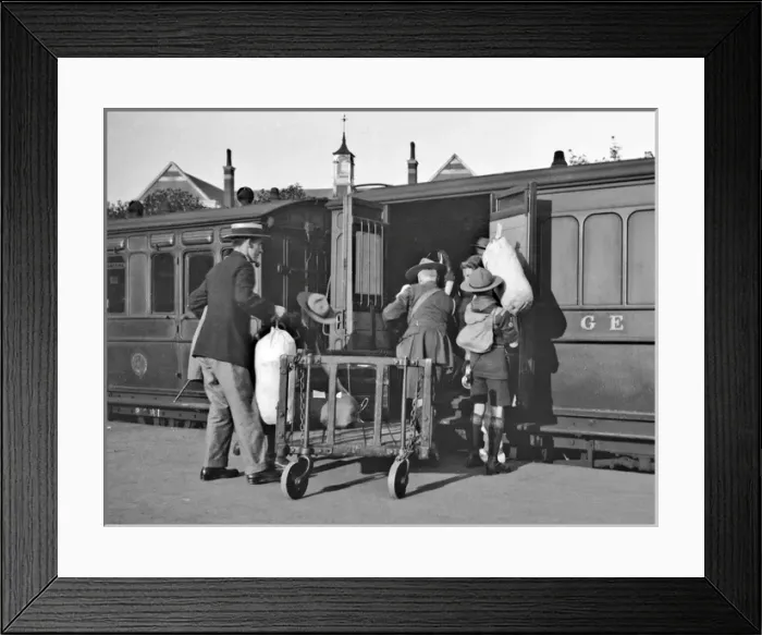 Framed Print : Boy scouts boarding a railway train Framed Print : Boy scouts boarding a railway train
