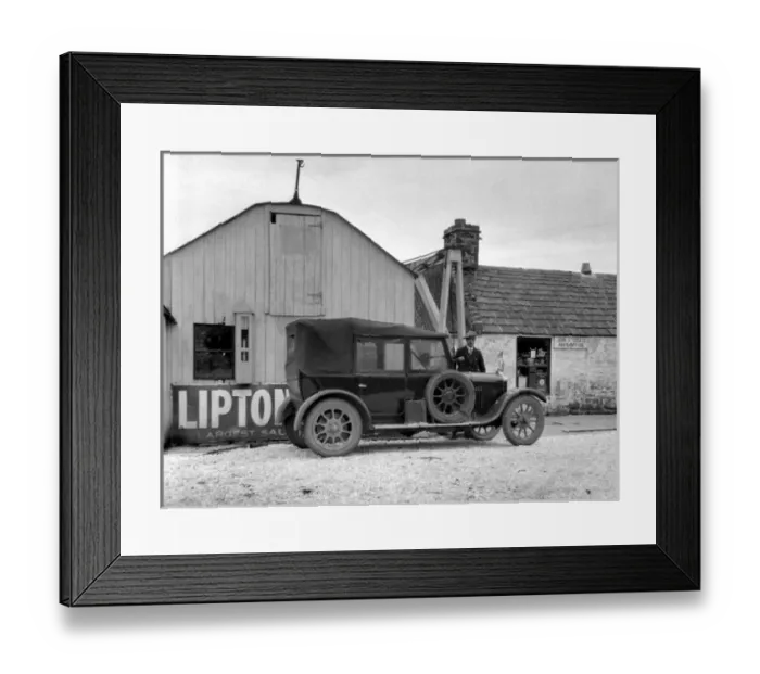Framed Print : Man and car outside Post Office, John o Groats, Scotland Framed Print : Man and car outside Post Office, John o Groats, Scotland
