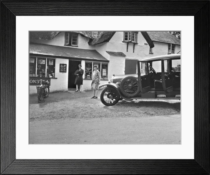 Framed Print : Two women outside a village shop with their car Framed Print : Two women outside a village shop with their car
