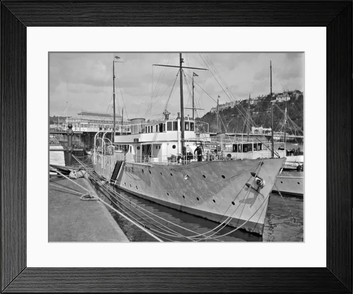 Framed Print : Scene in a harbour with steamship in foreground Framed Print : Scene in a harbour with steamship in foreground