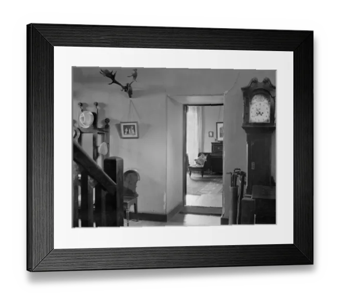 Framed Print : House interior with grandfather clock and antlers Framed Print : House interior with grandfather clock and antlers
