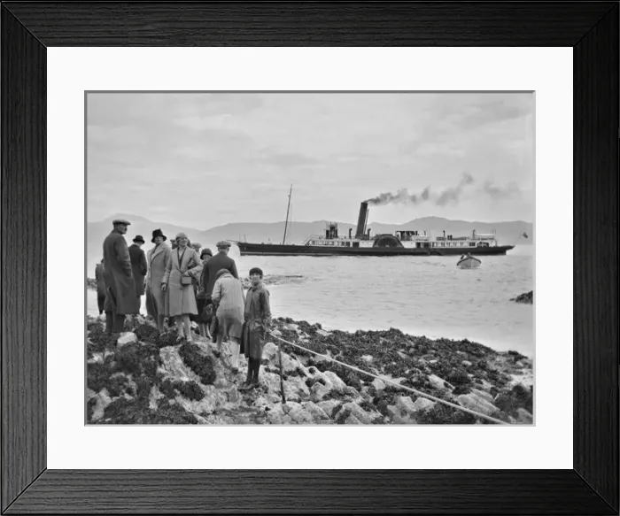 Framed Print : Group of people on shore with steamboat on the sea Framed Print : Group of people on shore with steamboat on the sea