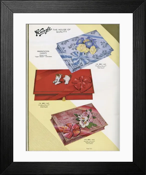 Framed Print : Page from a catalogue, Kunzle Chocolate List Framed Print : Page from a catalogue, Kunzle Chocolate List