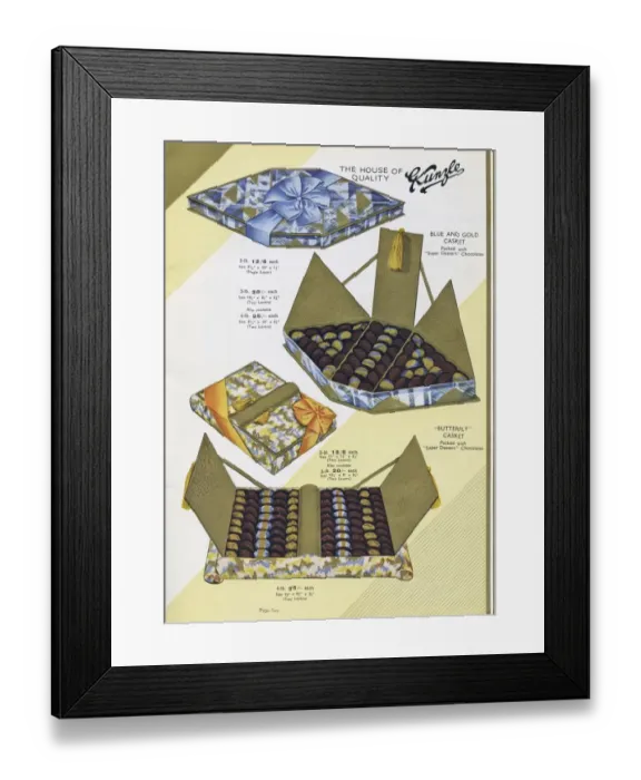 Framed Print : Page from a catalogue, Kunzle Chocolate List Framed Print : Page from a catalogue, Kunzle Chocolate List