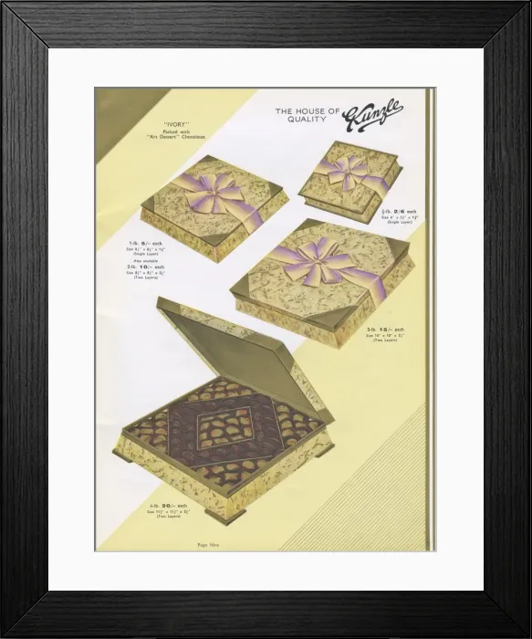 Framed Print : Page from a catalogue, Kunzle Chocolate List Framed Print : Page from a catalogue, Kunzle Chocolate List