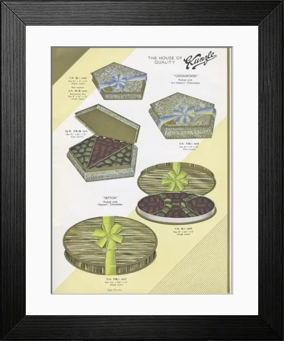 Framed Print : Page from a catalogue, Kunzle Chocolate List Framed Print : Page from a catalogue, Kunzle Chocolate List