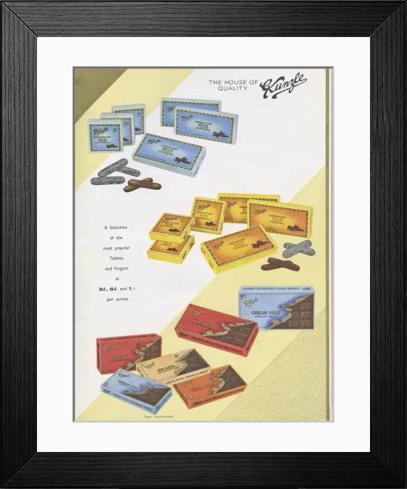 Framed Print : Page from a catalogue, Kunzle Chocolate List Framed Print : Page from a catalogue, Kunzle Chocolate List