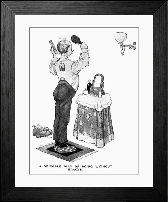 Framed Print : War-Time Economies Doing without Braces, WW1 Heath Robinson Framed Print : War-Time Economies Doing without Braces, WW1 Heath Robinson
